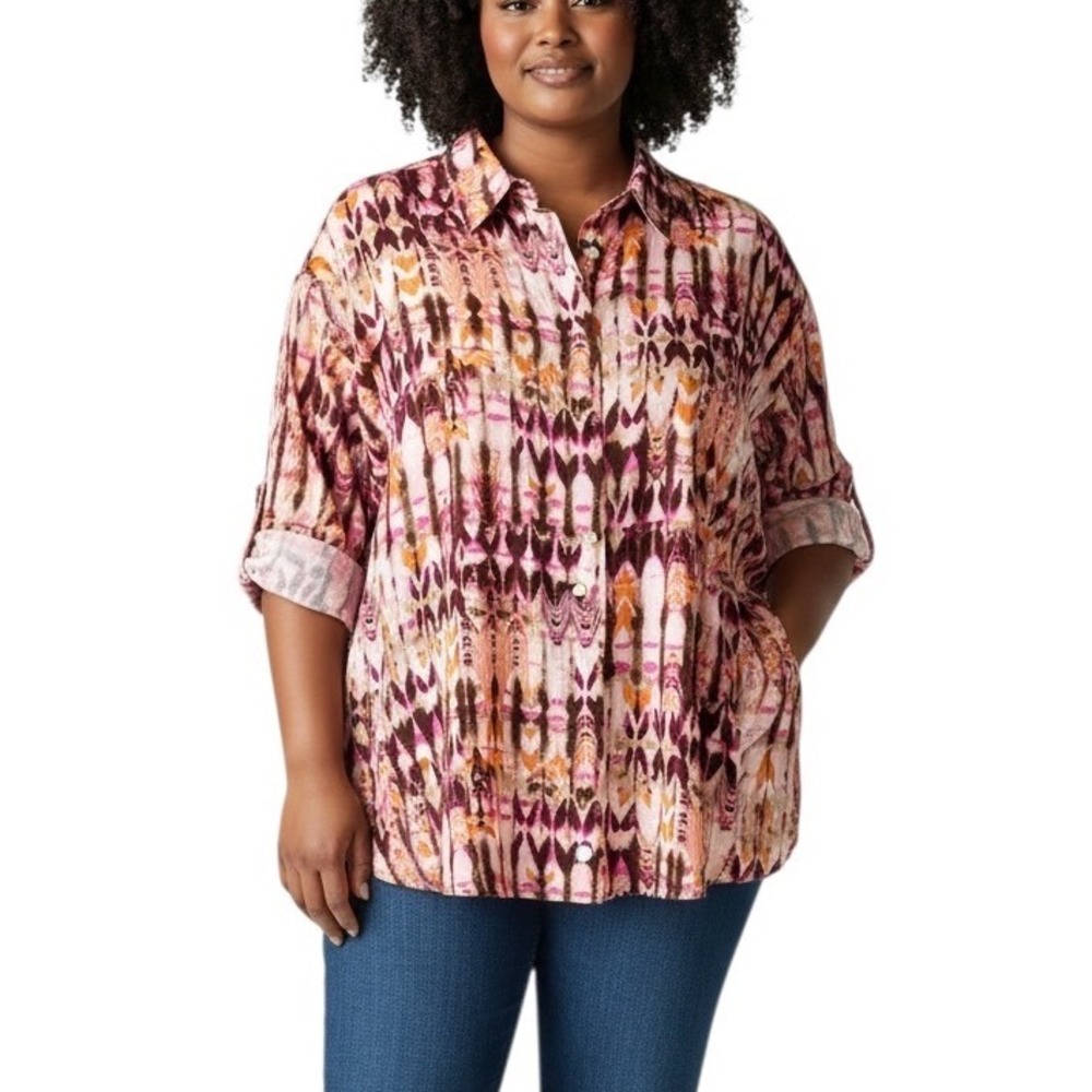Intro Womens 2X Linen Blend Abstract Ikat Roll Tab Button Down Shirt Pink Orange